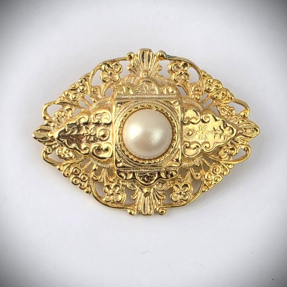 Victorian Style Faux Pearl Filigree Scrolls Gold Plated 2" Brooch Pin